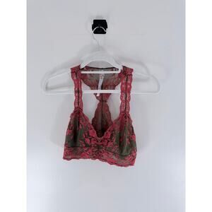 Free People "Wild Roses" Red & Olive Green Lace Racerback Bralette-Size L